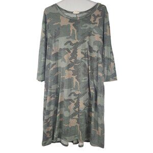 Sweet Lovely Womens BOHO Shift Dress Large Green Camouflage 3/4 Sleeve Casual